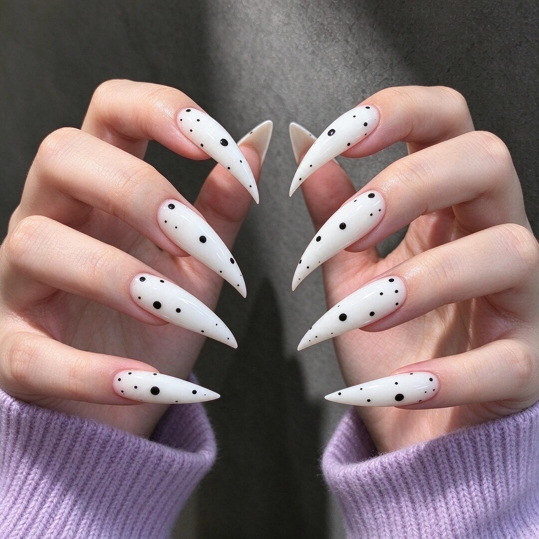 cat claw press on nails | Dalmatian Spot Cat Claw Press-on Nails, Milky White Stiletto Nails for Y2K,