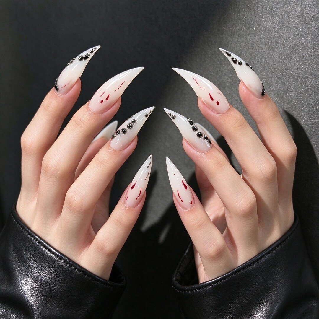 cat claw press on nails | Gothic Blood Drip Cat Claw Press-on Nails, White Stiletto Nails for Hallowe