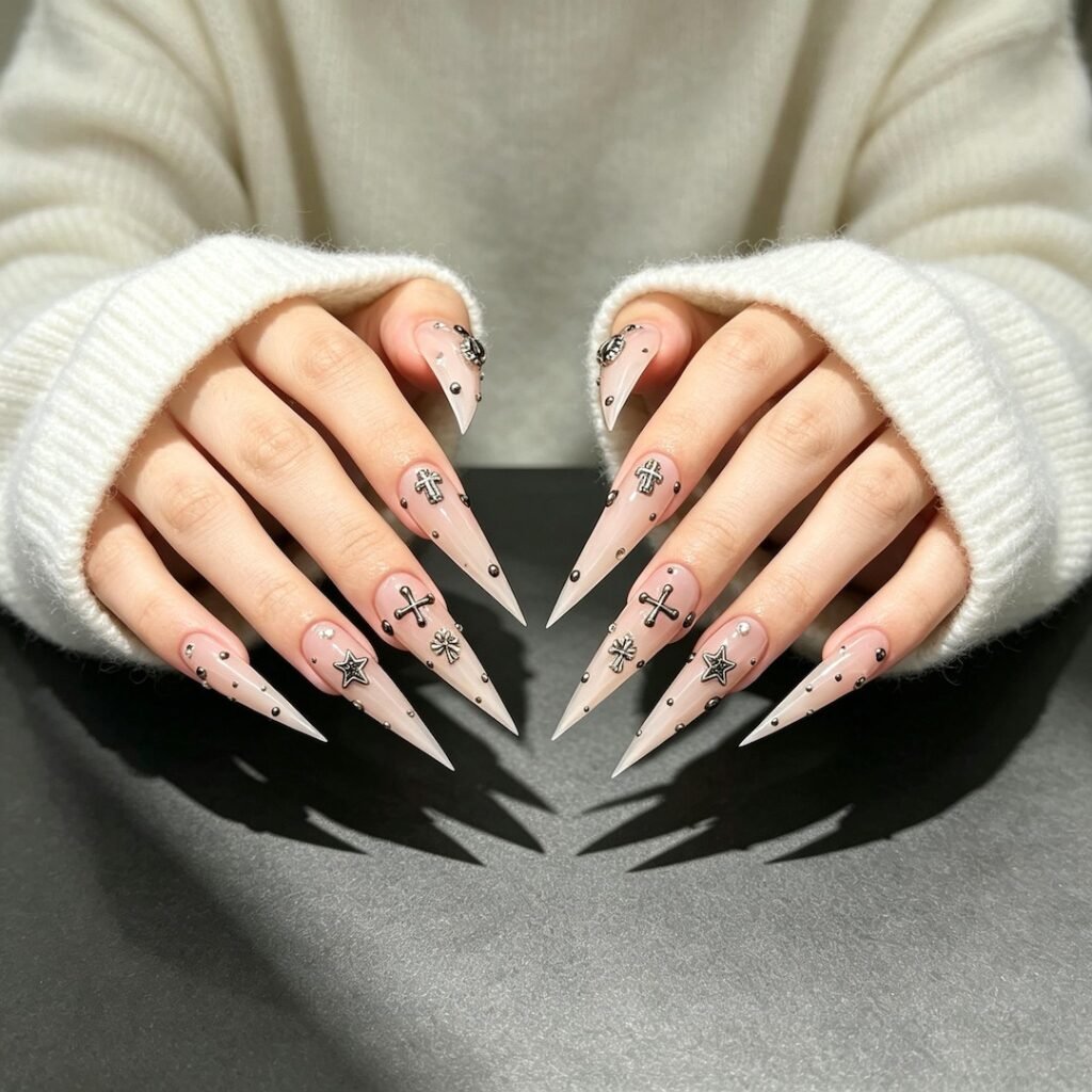 press on nails | Gothic Cross Stiletto Press-on Nails, 3D Religious Jewelry Nails for Dark F