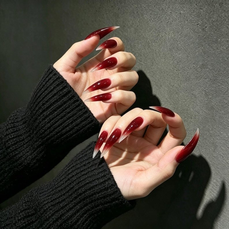 Blood Red Ombre Press on Nails, Extra Long Stiletto Claw Nails,gothic Dark Feminine Nails, Vampire Nails, Long Red False Nails - Image 2