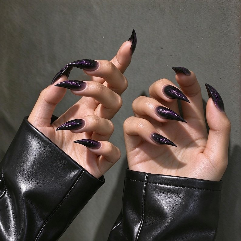 Black Cat Claw Press-on Nails, Purple Iridescent Gothic Stiletto Nails - Image 2
