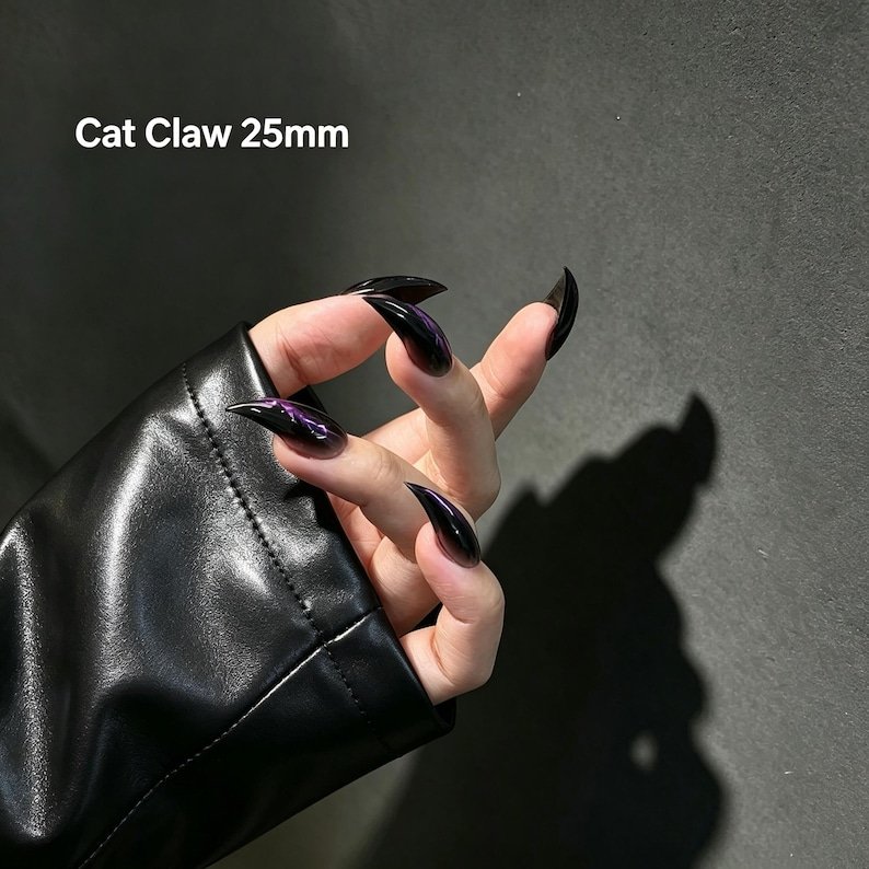 Black Cat Claw Press-on Nails, Purple Iridescent Gothic Stiletto Nails - Image 3