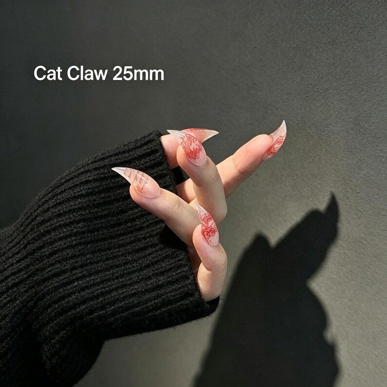 Dark Romantic Red Floral Cat Claw Press-on Nails, Long Curved Stiletto Nails for Halloween, Date Nights & Gothic Fashion Lovers - Image 4