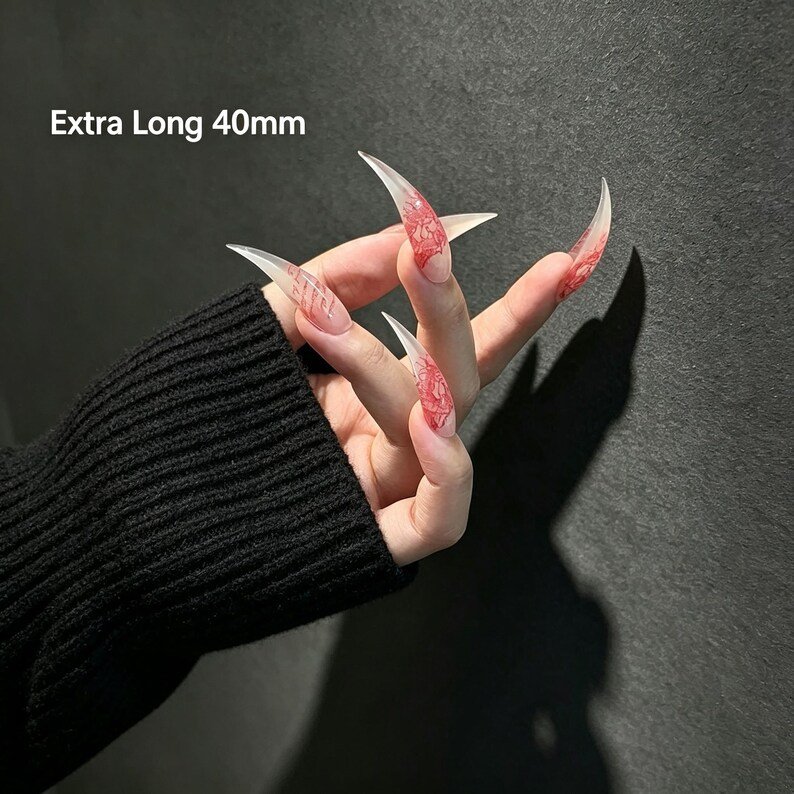 Dark Romantic Red Floral Cat Claw Press-on Nails, Long Curved Stiletto Nails for Halloween, Date Nights & Gothic Fashion Lovers - Image 6