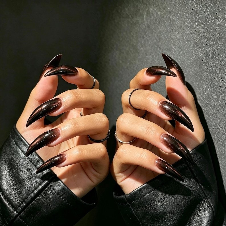 Black Cherry Cat Claw Press-on Nails, Dark Brown Stiletto Nails for Gothic, Night Out & Dark Feminine Style - Image 3