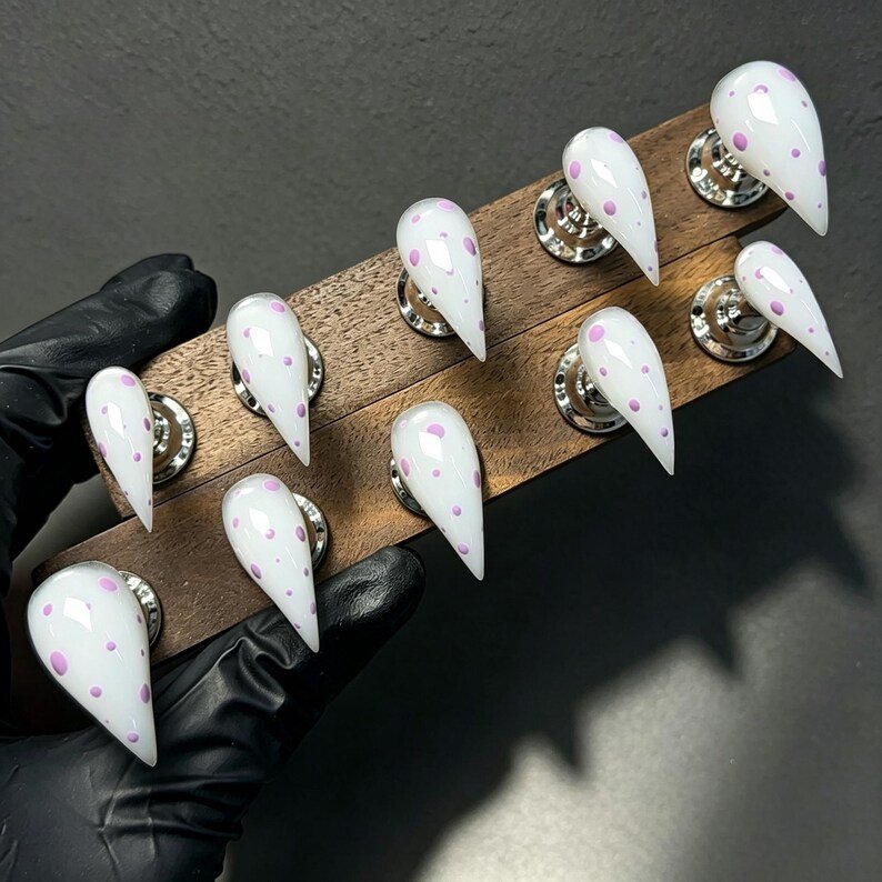 Lavender Dot Cat Claw Press-on Nails, Milky White Stiletto Nails for Fairycore, Soft Goth & Y2K Style - Image 4