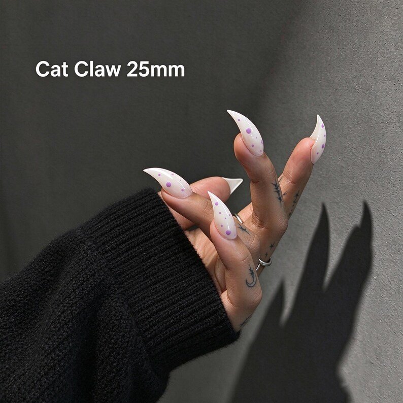 Lavender Dot Cat Claw Press-on Nails, Milky White Stiletto Nails for Fairycore, Soft Goth & Y2K Style - Image 5