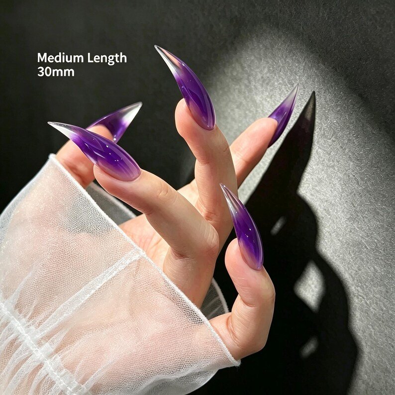 Purple Ombre Cat Claw Press-on Nails, Long Curved Stiletto Nails for Witchy, Dark Fantasy & Fairycore Style - Image 6