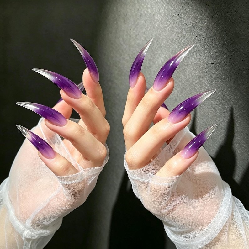 Purple Ombre Cat Claw Press-on Nails, Long Curved Stiletto Nails for Witchy, Dark Fantasy & Fairycore Style - Image 3