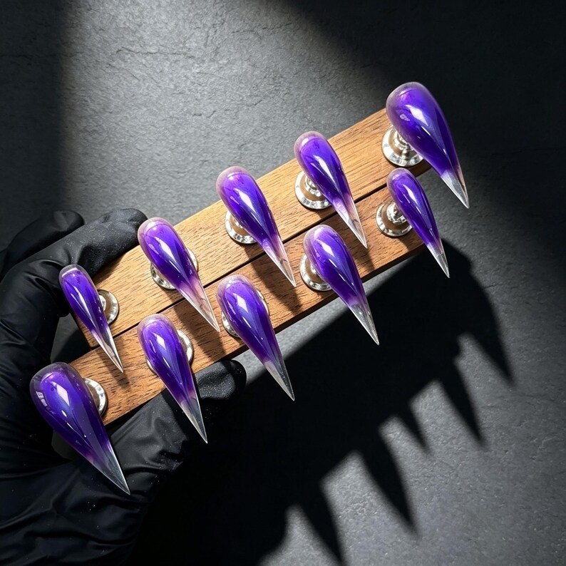 Purple Ombre Cat Claw Press-on Nails, Long Curved Stiletto Nails for Witchy, Dark Fantasy & Fairycore Style - Image 4