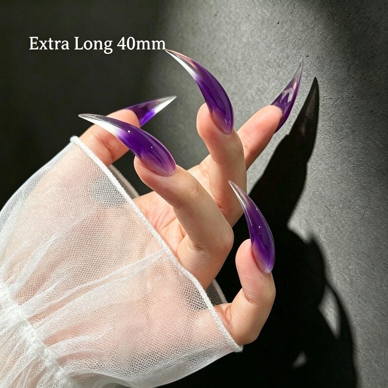 Purple Ombre Cat Claw Press-on Nails, Long Curved Stiletto Nails for Witchy, Dark Fantasy & Fairycore Style - Image 7