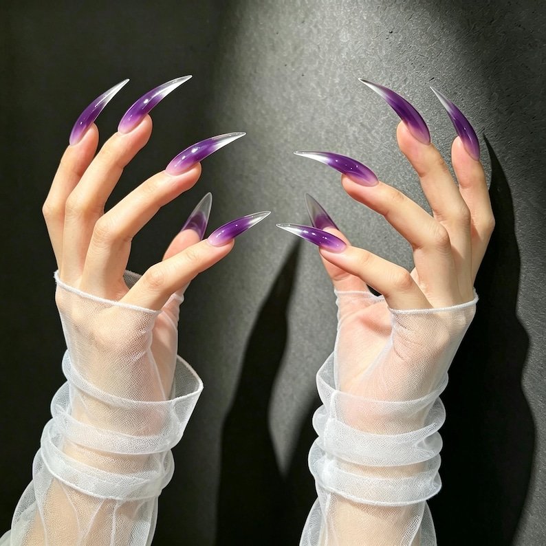 Purple Ombre Cat Claw Press-on Nails, Long Curved Stiletto Nails for Witchy, Dark Fantasy & Fairycore Style - Image 2