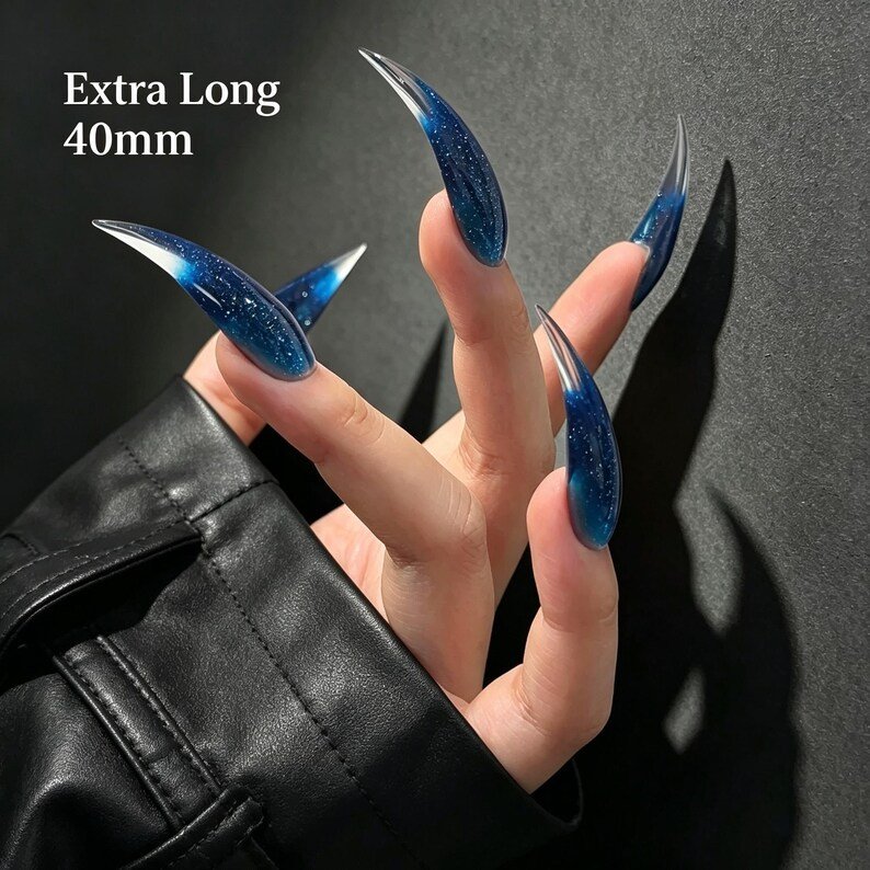 Sapphire Blue Cat Claw Press-on Nails, Sparkly Curved Stiletto Nails for Dark Fantasy & Y2K Style - Image 6