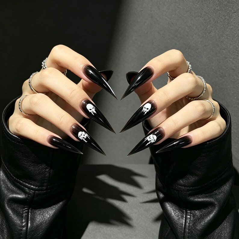 Black Skull Stiletto Press-on Nails, Gothic Long Nails for Halloween, Dark Feminine & Alternative Style - Image 3