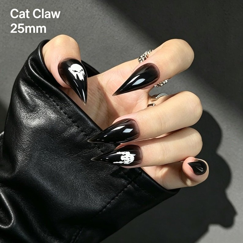 Black Skull Stiletto Press-on Nails, Gothic Long Nails for Halloween, Dark Feminine & Alternative Style - Image 5