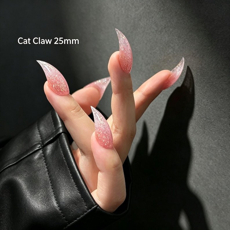Pink Glitter Cat Claw Press-on Nails, Ethereal Stiletto Nails for Fairycore, Y2K & Dark Feminine Style - Image 4