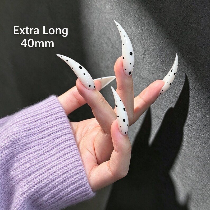 Dalmatian Spot Cat Claw Press-on Nails, Milky White Stiletto Nails for Y2K, Alternative & Statement Style - Image 6