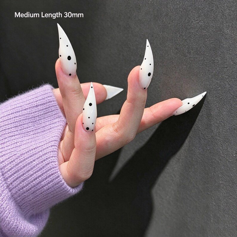 Dalmatian Spot Cat Claw Press-on Nails, Milky White Stiletto Nails for Y2K, Alternative & Statement Style - Image 5