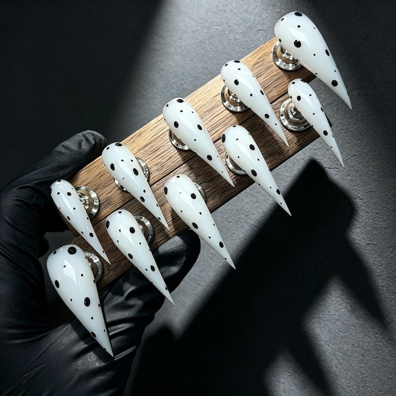 Dalmatian Spot Cat Claw Press-on Nails, Milky White Stiletto Nails for Y2K, Alternative & Statement Style - Image 3