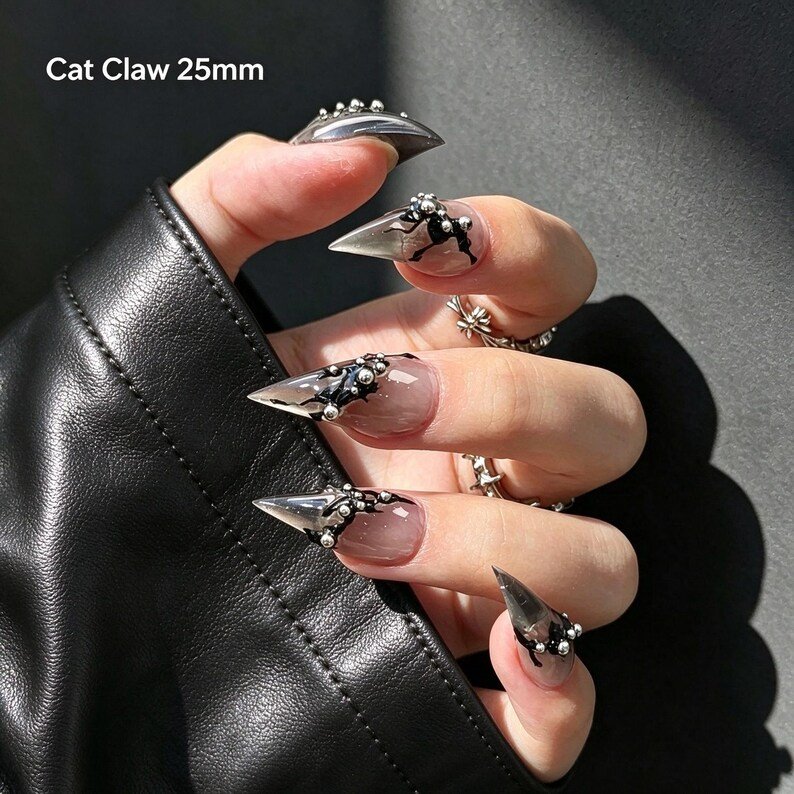 Black Chrome Stiletto Press-on Nails, Gothic 3D Nails for Parties, Halloween & Dark Fashion Lovers - Image 4