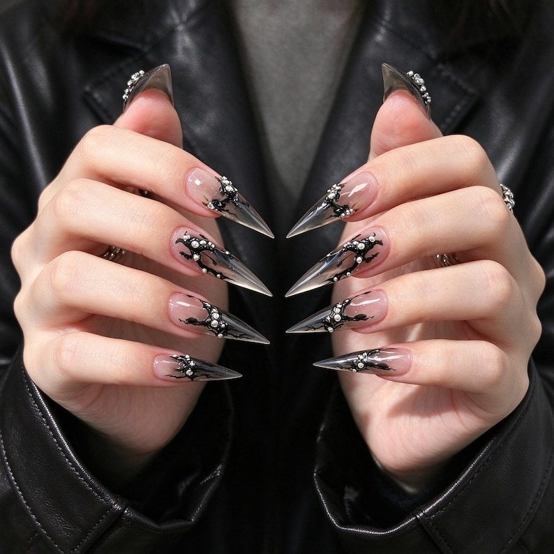 Black Chrome Stiletto Press-on Nails, Gothic 3D Nails for Parties, Halloween & Dark Fashion Lovers - Image 2