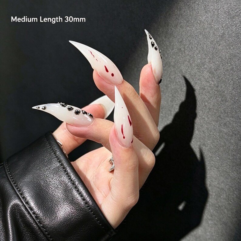 Gothic Blood Drip Cat Claw Press-on Nails, White Stiletto Nails for Halloween, Vampire & Dark Feminine Lovers - Image 5