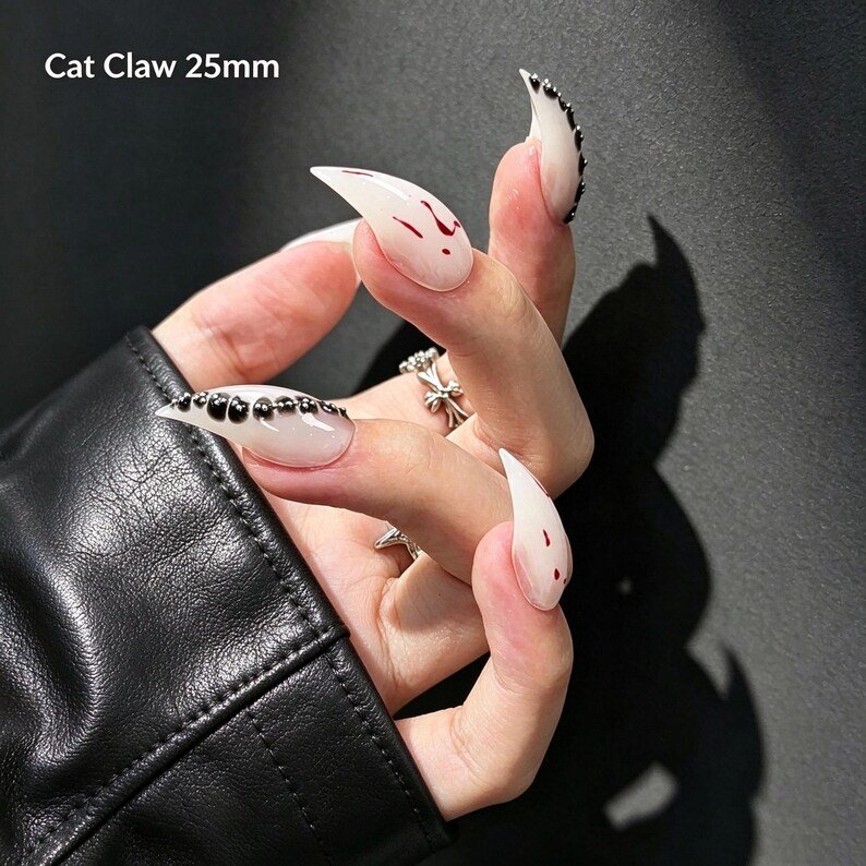 Gothic Blood Drip Cat Claw Press-on Nails, White Stiletto Nails for Halloween, Vampire & Dark Feminine Lovers - Image 6