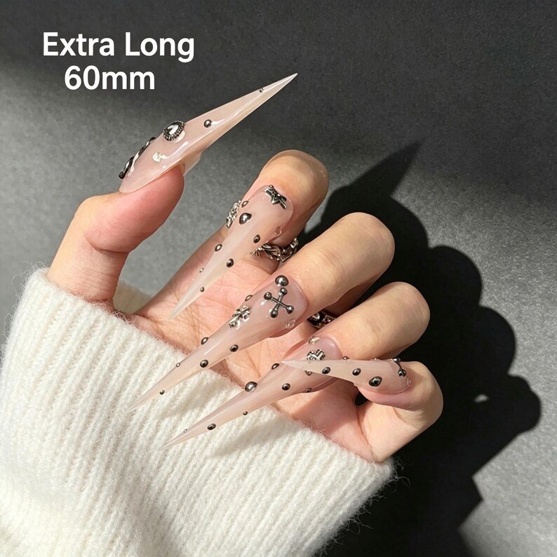 Gothic Cross Stiletto Press-on Nails, 3D Religious Jewelry Nails for Dark Feminine & Alternative Girls - Image 7