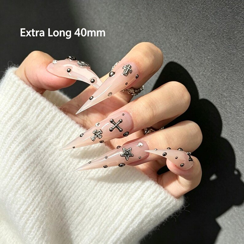 Gothic Cross Stiletto Press-on Nails, 3D Religious Jewelry Nails for Dark Feminine & Alternative Girls - Image 6