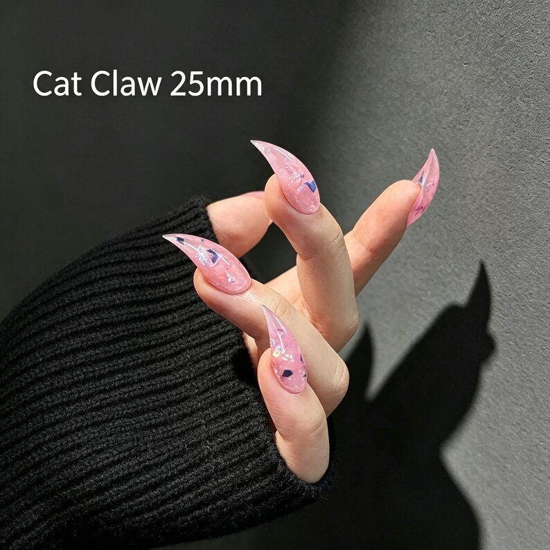 Pink Jelly Cat Claw Press-on Nails, Iridescent Stiletto Nails for Y2K, Fairycore & Alt Girls - Image 4