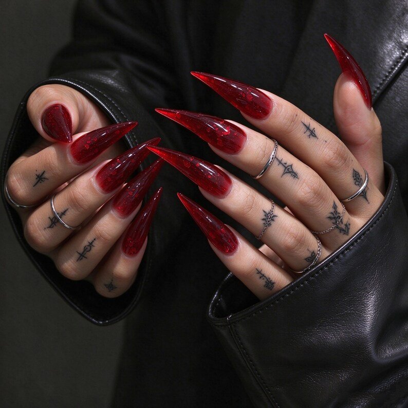 Blood Red Cat Claw Press-on Nails, Glossy Stiletto Nails for Gothic, Vampire & Dark Feminine Style - Image 3