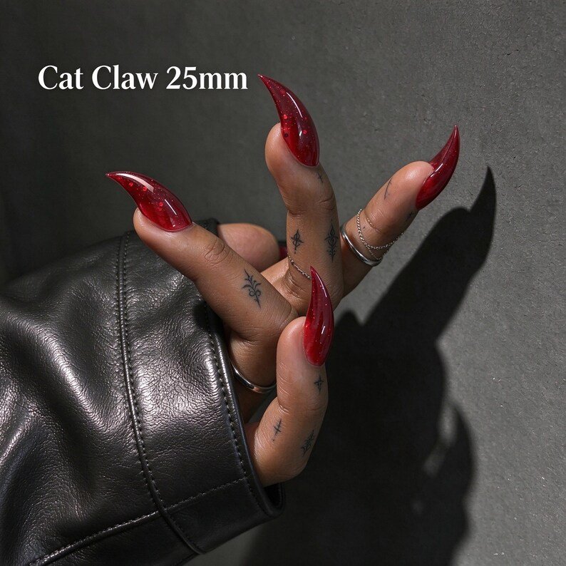 Blood Red Cat Claw Press-on Nails, Glossy Stiletto Nails for Gothic, Vampire & Dark Feminine Style - Image 6