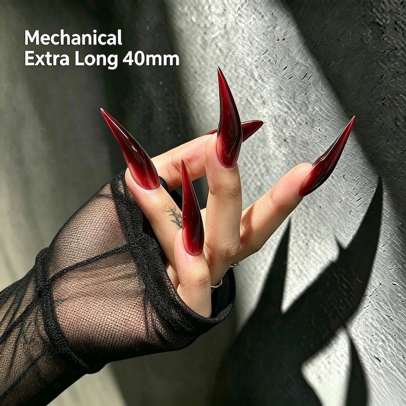 Crimson Noir Claw Press-on Nails, Dark Red Stiletto Nails for Gothic Style - Image 4