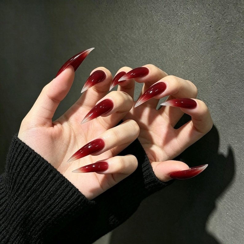 Blood Red Ombre Press on Nails, Extra Long Stiletto Claw Nails,gothic Dark Feminine Nails, Vampire Nails, Long Red False Nails - Image 3