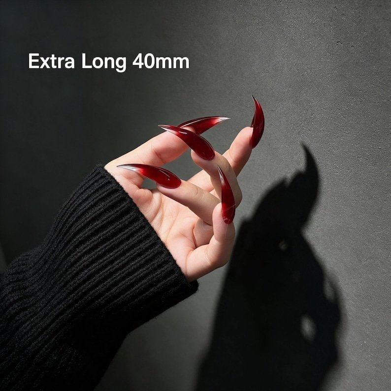 Blood Red Ombre Press on Nails, Extra Long Stiletto Claw Nails,gothic Dark Feminine Nails, Vampire Nails, Long Red False Nails - Image 6
