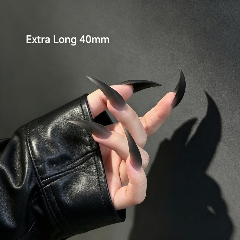Extra Long Black Ombre Press on Nails, 40mm Stiletto Cat Claw Nails, Gothic Long Fake Nails, Smoky Black Gradient Nails, Dark Fantasy Nails - Image 5