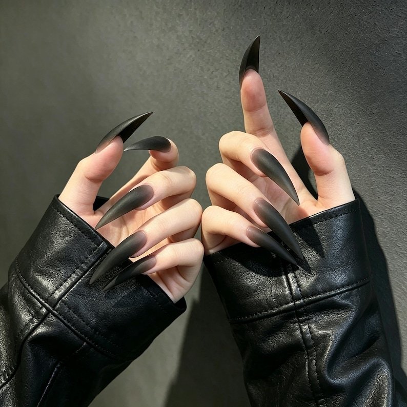 Extra Long Black Ombre Press on Nails, 40mm Stiletto Cat Claw Nails, Gothic Long Fake Nails, Smoky Black Gradient Nails, Dark Fantasy Nails - Image 2