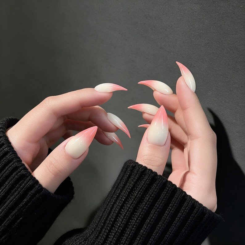 Peach Blush Ombre Claw Press-on Nails, Long Stiletto Nails, Pink Ombre Nails, Handmade Custom False Nails, Soft Girl Fantasy Nails - Image 3