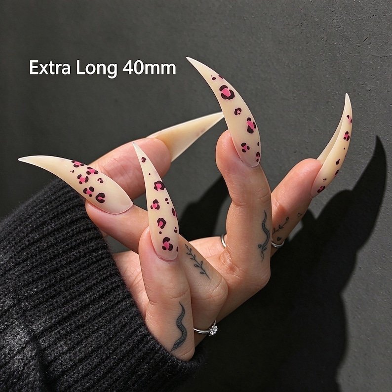 Peach Blossom Press-on Nails, Pink Floral Cat Claw Nails, Long Stiletto Nails,y2k-inspired Looks , Parties, Photoshoots, Everyday Statement - Image 6
