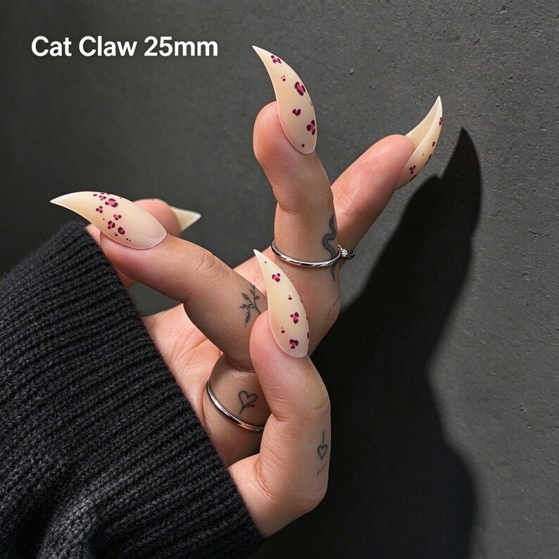 Peach Blossom Press-on Nails, Pink Floral Cat Claw Nails, Long Stiletto Nails,y2k-inspired Looks , Parties, Photoshoots, Everyday Statement - Image 4