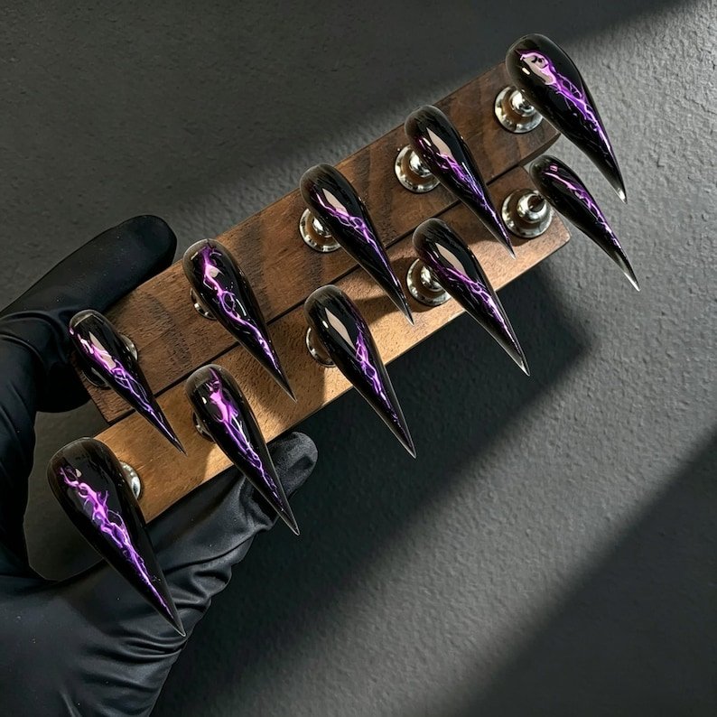 Black Cat Claw Press-on Nails, Purple Iridescent Gothic Stiletto Nails - Image 6