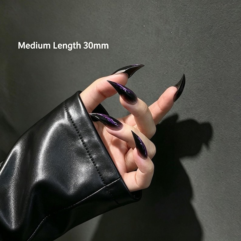 Black Cat Claw Press-on Nails, Purple Iridescent Gothic Stiletto Nails - Image 4
