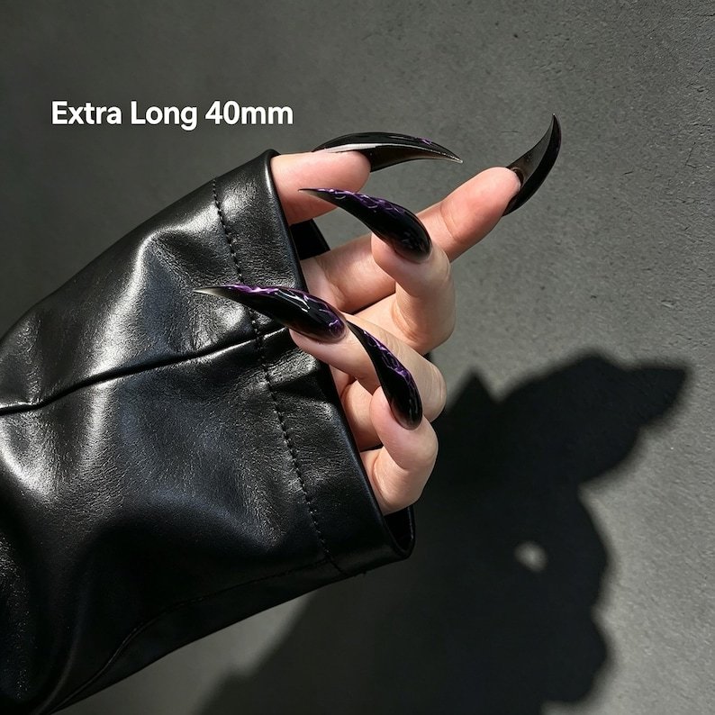 Black Cat Claw Press-on Nails, Purple Iridescent Gothic Stiletto Nails - Image 5