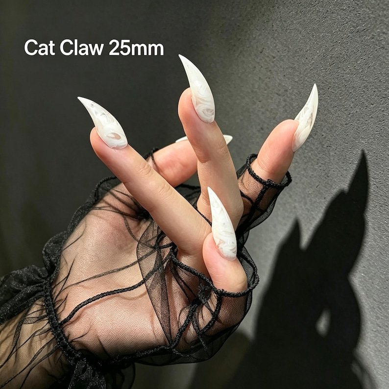 Phantom White Cat Claw Press-on Nails, Ethereal Gothic Stiletto Nails for Dark Feminine Style - Image 4