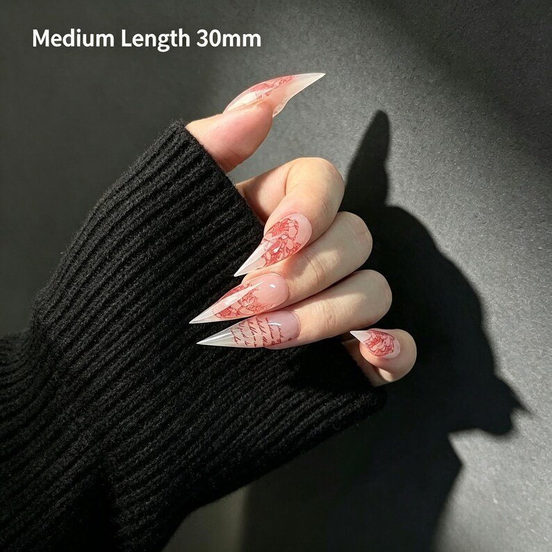 Dark Romantic Red Floral Cat Claw Press-on Nails, Long Curved Stiletto Nails for Halloween, Date Nights & Gothic Fashion Lovers - Image 5