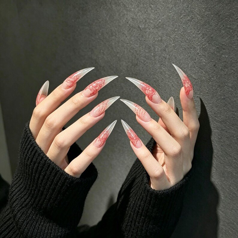 Dark Romantic Red Floral Cat Claw Press-on Nails, Long Curved Stiletto Nails for Halloween, Date Nights & Gothic Fashion Lovers - Image 3