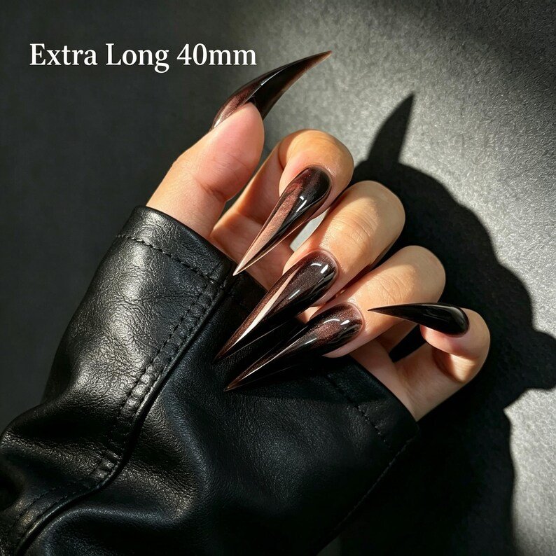 Black Cherry Cat Claw Press-on Nails, Dark Brown Stiletto Nails for Gothic, Night Out & Dark Feminine Style - Image 7