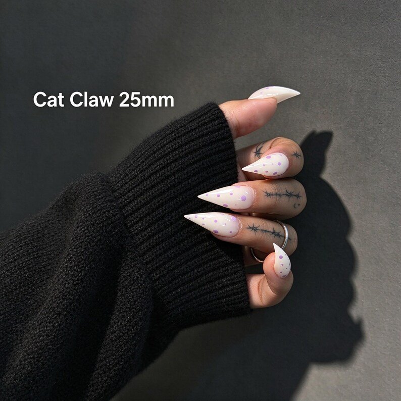 Lavender Dot Cat Claw Press-on Nails, Milky White Stiletto Nails for Fairycore, Soft Goth & Y2K Style - Image 6