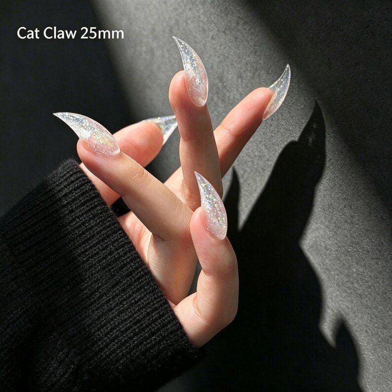 Crystal Glitter Cat Claw Press-on Nails, Extra Long Clear Stiletto Nails for Fairycore, Y2K & Fantasy Lovers - Image 4