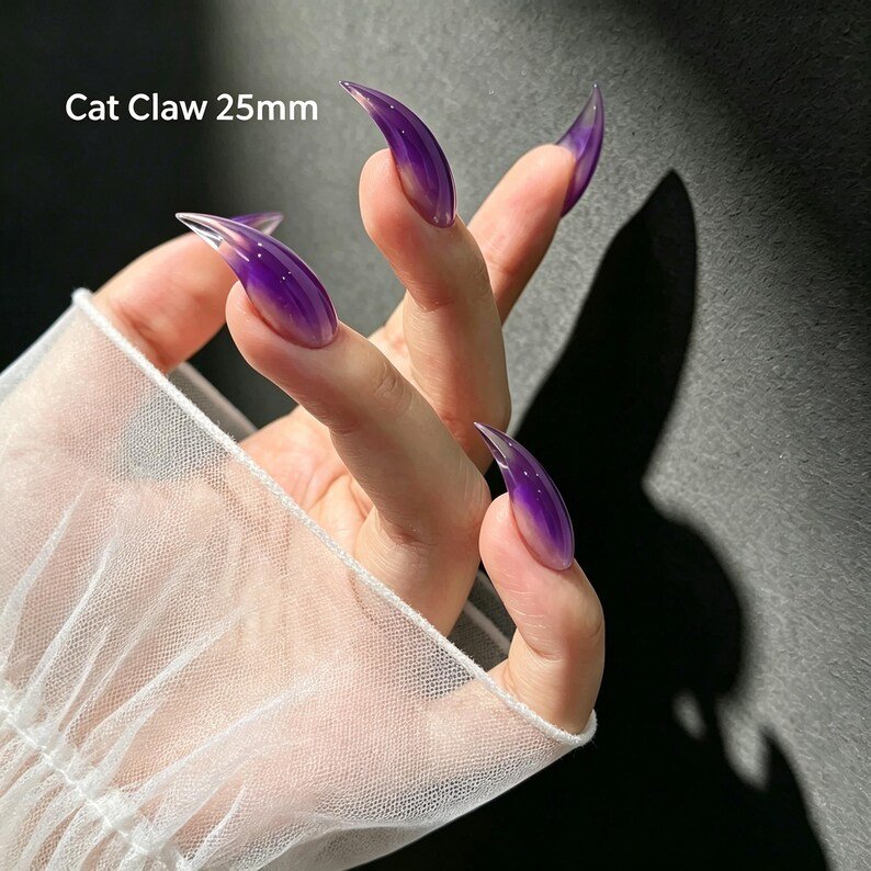 Purple Ombre Cat Claw Press-on Nails, Long Curved Stiletto Nails for Witchy, Dark Fantasy & Fairycore Style - Image 5